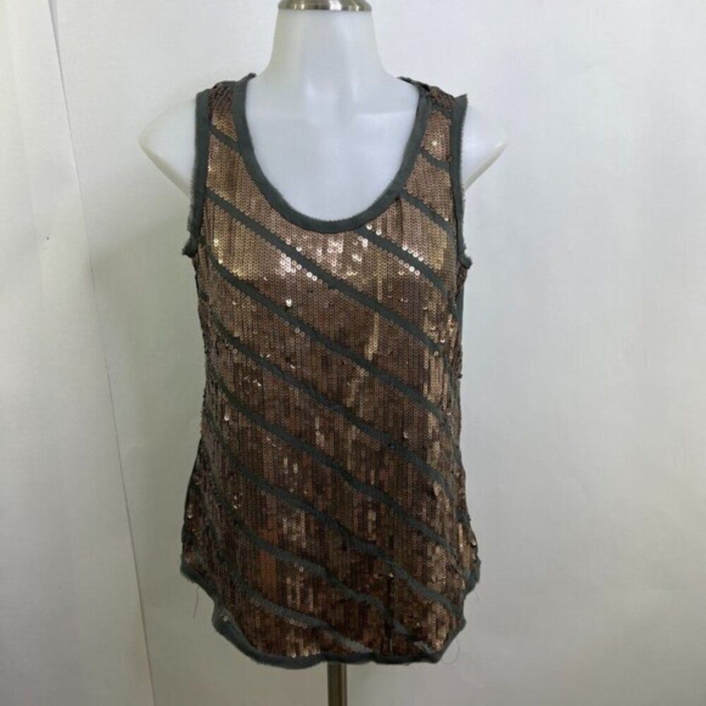 Ann Taylor‎ Loft Tank Top SP Petite PS Sequin Gold Gray Sheer Sleeveless